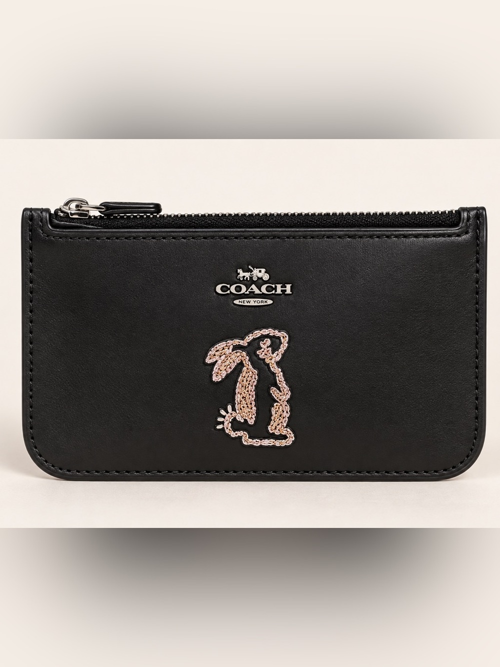 Coach x Selena Gomez Bunny Zip Card Case 39322 Black Leather Glitter